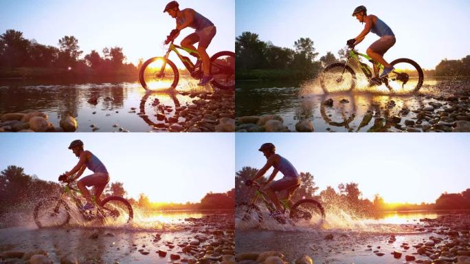 镜头耀斑: 日落时分骑山车的电影镜头。