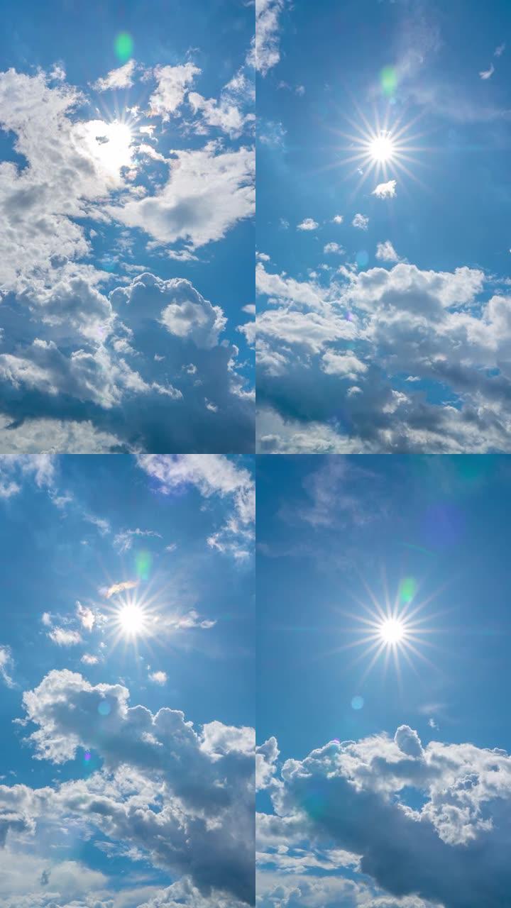 夏季，蓝天移动多云的4k垂直时间流逝，阳光直射向下移动