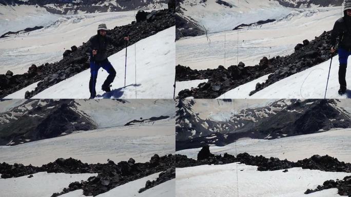 在雪坡上攀登。训练安全着陆