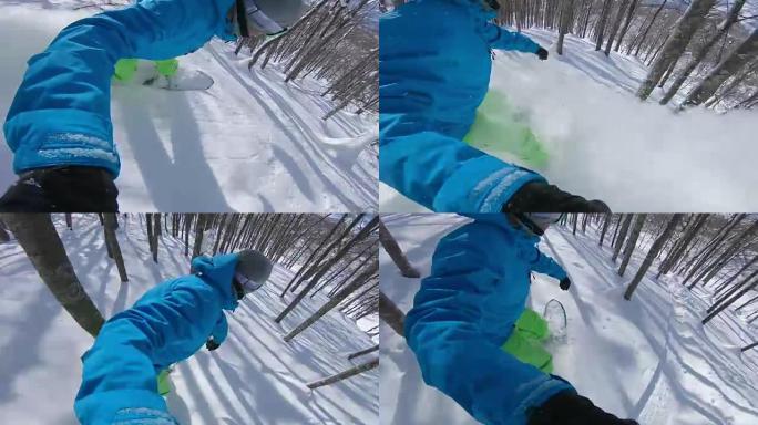 自拍酷自由滑雪板在危险的树木之间雕刻粉末雪