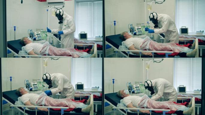 穿着防护服的医生在大流行期间给患者静脉注射。冠状病毒，新型冠状病毒肺炎医院重症监护室的病人。