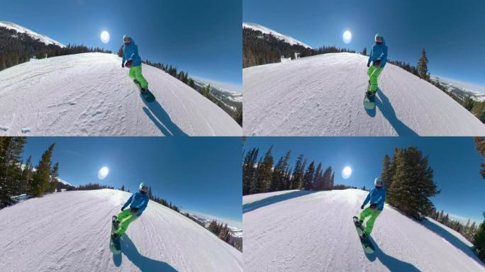自拍照: 凉爽的滑雪者花花公子在阳光明媚的冬日将整齐的山坡切碎。