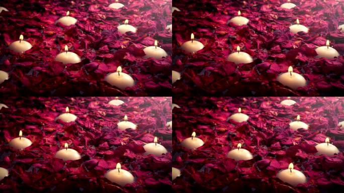 配有蜡烛和玫瑰花瓣的豪华浴缸