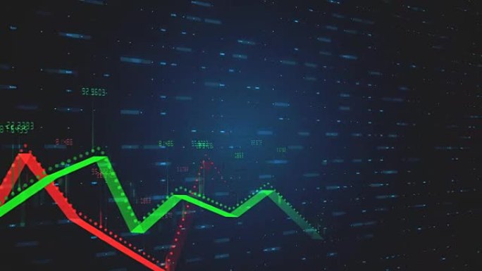 两个不断增长的线性3D图形显示正负增长和趋势，数字为红色-绿色在蓝色科技背景与运动