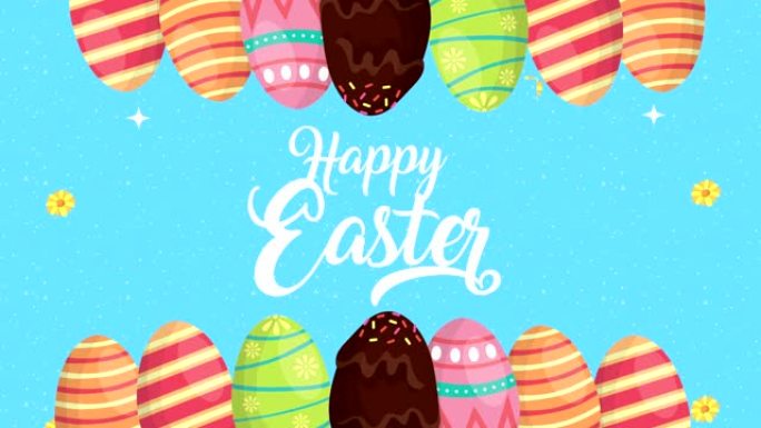 复活节快乐动画卡，彩绘鸡蛋和刻字