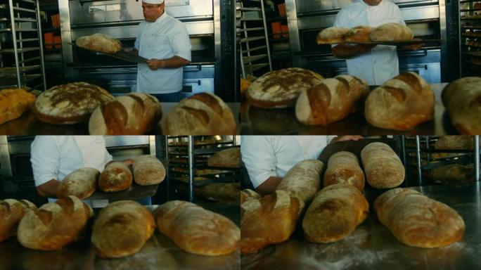 男厨师从烤箱中取出面包4k