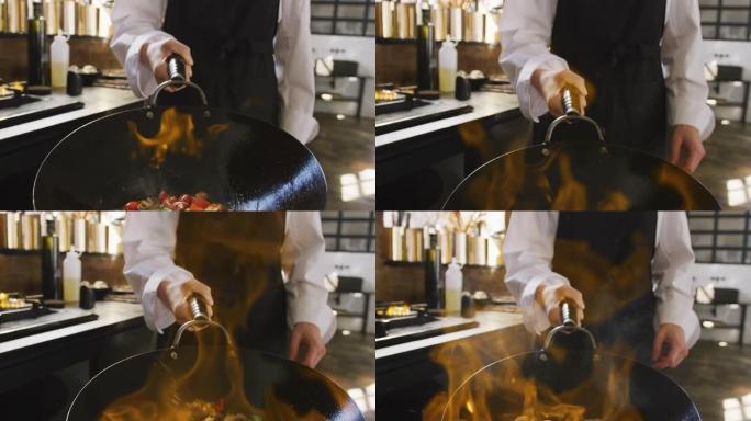 厨师用火烹饪蔬菜菜品展示家常菜制作大火