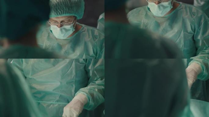 集中中年外科医生进行外科手术的肖像