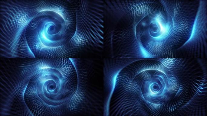 数字空间中的抽象技术飞行。明亮的霓虹灯点形成数据传输隧道。现代蓝光光谱。无缝循环3d渲染