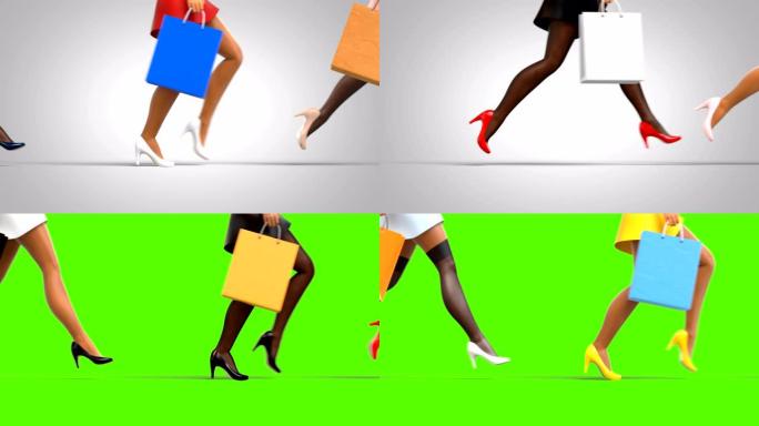 购物女孩，用包奔跑的女性腿，灰色渐变和绿色背景上的美丽3d动画