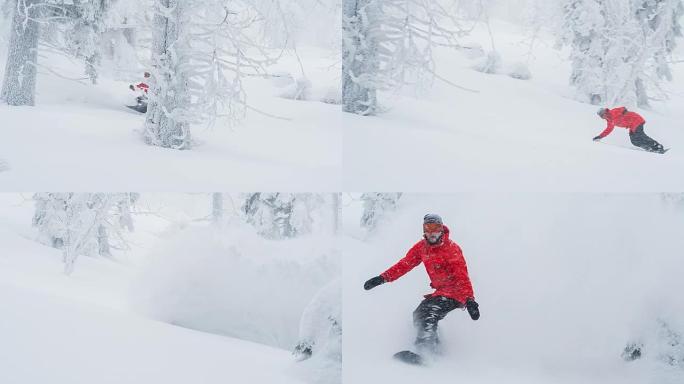 在下雪的天气中，欢快的滑雪者在偏远地区骑行