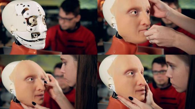 女人把脸放在机器人上，特写。