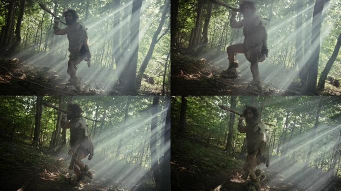 原始穴居人的肖像在史前森林中穿着动物皮和毛皮，用石尖矛狩猎。原始的尼安德特人猎人准备在丛林中投掷长矛