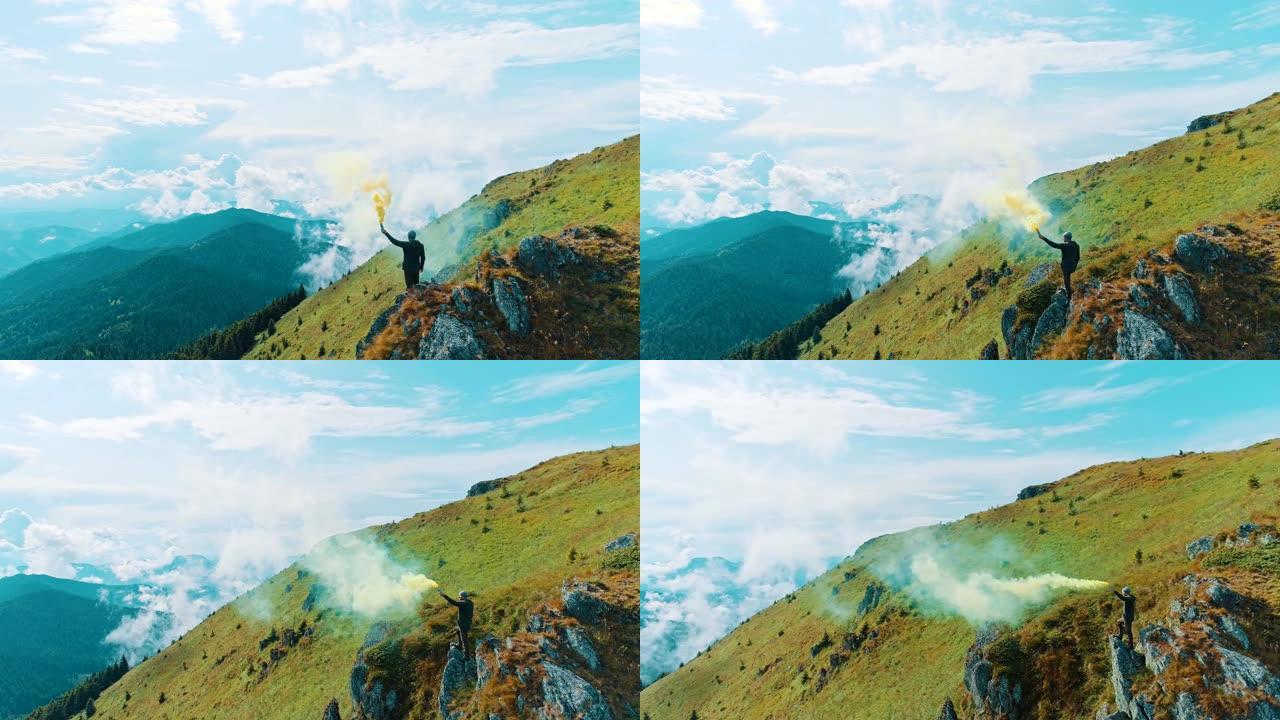 站在风景如画的山上的烟雾弹的雄性