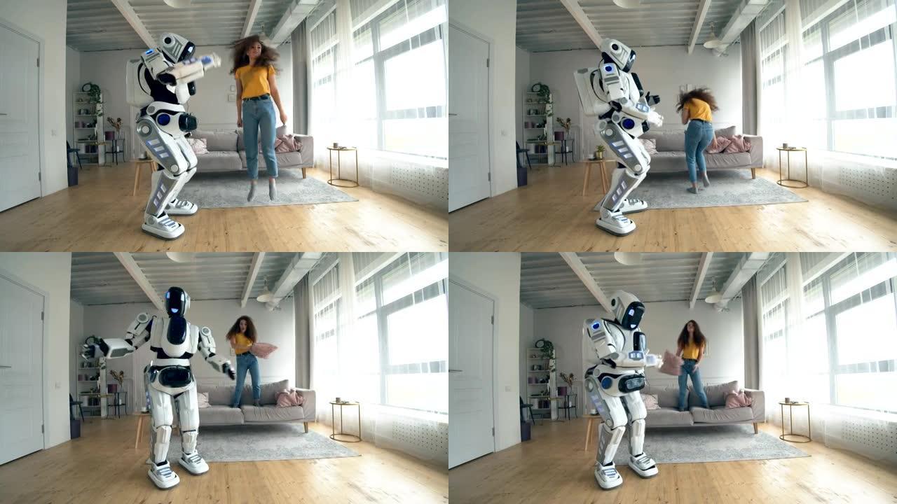 类人机器人和一个女人在跳舞和跳跃