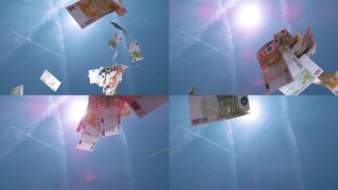 慢动作特写: 从蓝天上掉下来的五百欧元欧元钞票