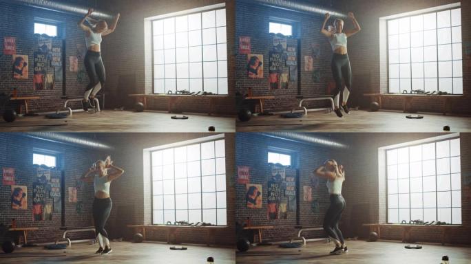 超级快乐运动金发女孩的肖像跳跃、跳舞和庆祝她在训练、锻炼、体重、力量、肌肉和体脂方面的成功