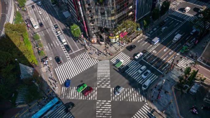 十字路口的时间流逝，银座人行横道以及高峰时段的更多汽车和人，日本东京