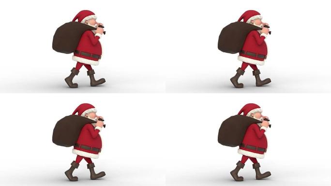 走在白色背景上的圣诞老人。无缝循环3d动画。侧视图