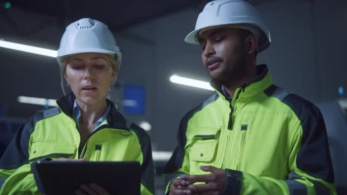 总工程师和项目经理穿着安全背心和安全帽，在现代工厂使用数字平板电脑，交谈，优化生产线。带数控机械的工