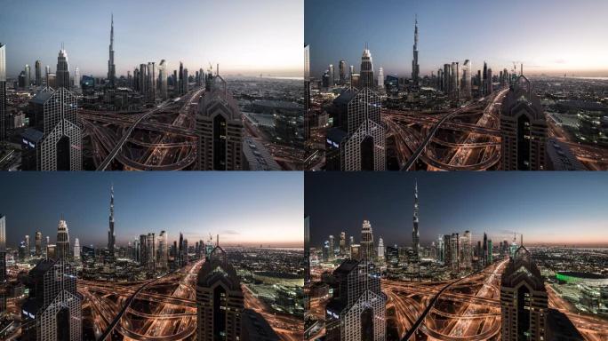 迪拜天际线的T/L高角度视图，昼夜过渡/阿联酋迪拜