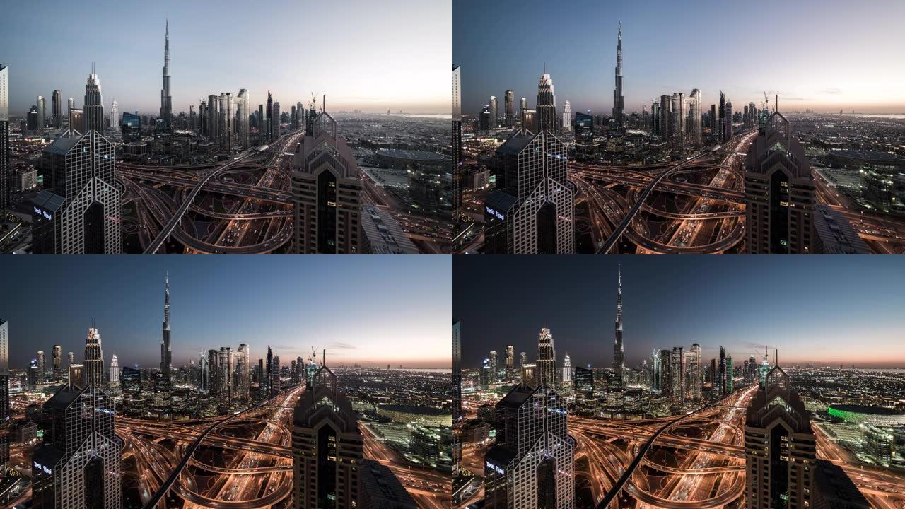 迪拜天际线的T/L高角度视图，昼夜过渡/阿联酋迪拜
