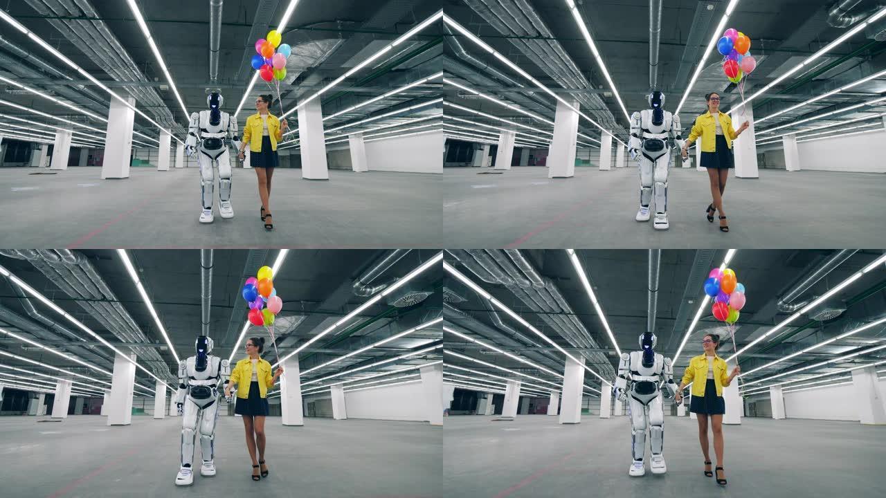 一位拿着气球的女士正带着一个半机械人沿着大厅散步