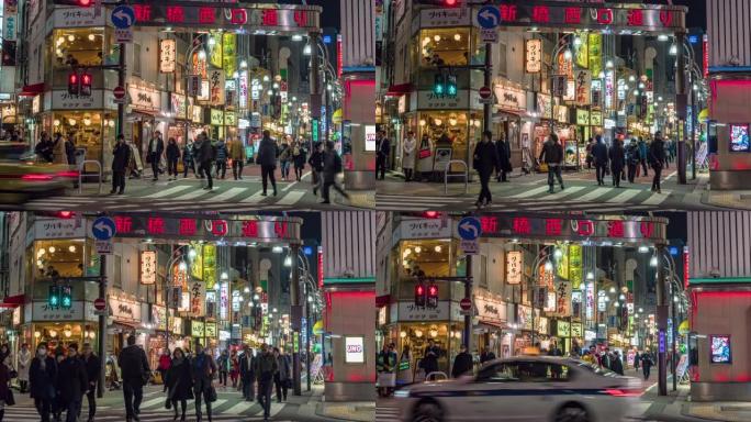 4k的时间流逝，人群不确定的人在新桥站的夜市街周围走动，交通拥挤，日本东京市。日本文化和购物区概念