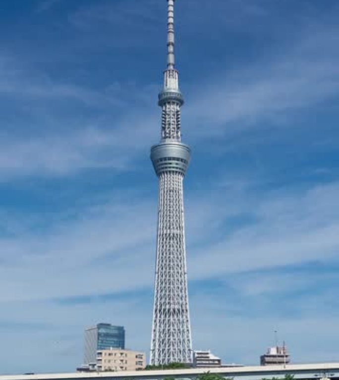 从日本东京墨田河拍摄的天气晴朗的蓝色日的垂直延时东京天空树
