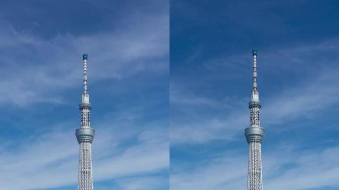 从日本东京墨田河拍摄的天气晴朗的蓝色日的垂直延时东京天空树