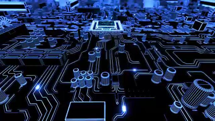 移动主板并在CPU内部跳入数字数据网络空间蓝色。处理器结构和卡片元素的抽象三维动画。数字概念。