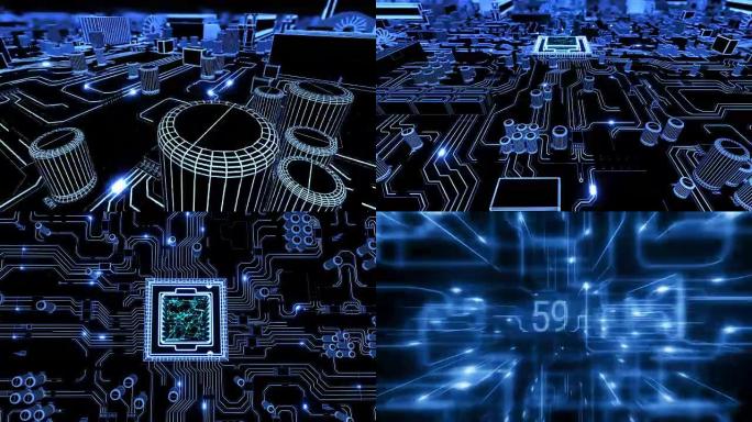 移动主板并在CPU内部跳入数字数据网络空间蓝色。处理器结构和卡片元素的抽象三维动画。数字概念。