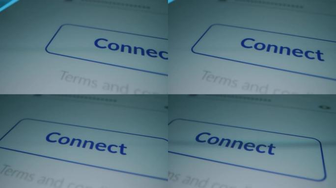 特写微距拍摄: 带有打开应用程序的触摸屏设备显示 “连接” 按钮，手指按下按钮，它闪烁蓝光。具有材料