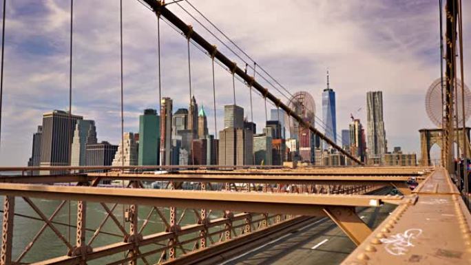 布鲁克林大桥。流量。曼哈顿金融区。晴天。东河。