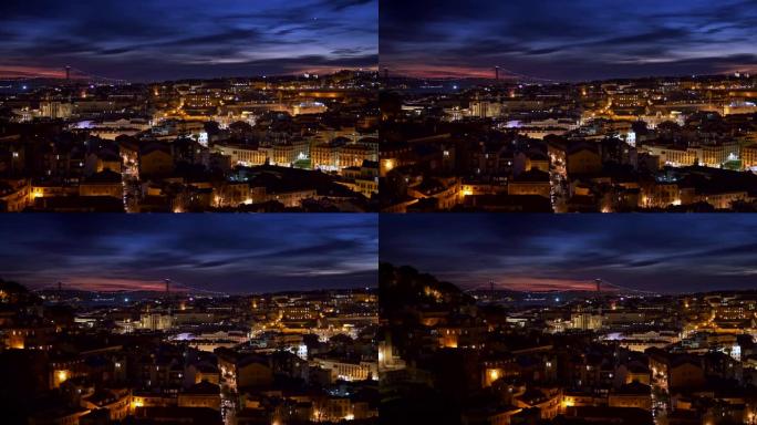 葡萄牙里斯本。日落后夜城全景拍摄。用黄光照明的建筑物和房屋