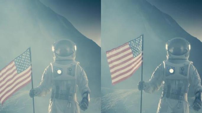 强壮的宇航员带着美利坚合众国的旗帜在黑暗的外星球上行走。太空旅行，殖民主题。垂直屏幕方向的视频素材