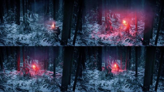 男子灯光耀斑，漫步在白雪皑皑的森林中
