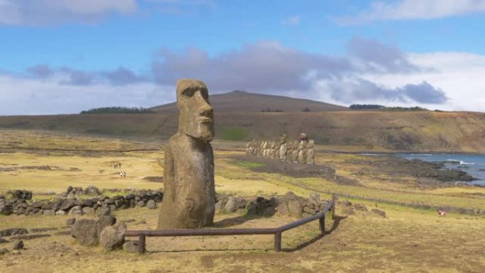 空中: 在阳光明媚的智利一个偏远岛屿上的大型摩艾雕塑周围飞行。