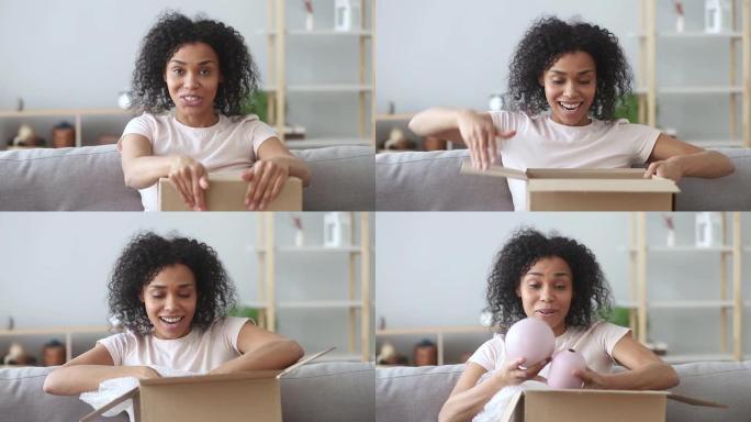 快乐非洲裔美国女性博客记录视频博客打开包裹