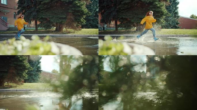 穿着雨衣和胶靴的女孩戴着耳机在水坑里奔跑，玩得开心