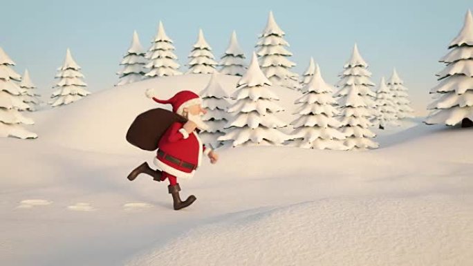 圣诞老人在白雪皑皑的风景中奔跑。侧视图