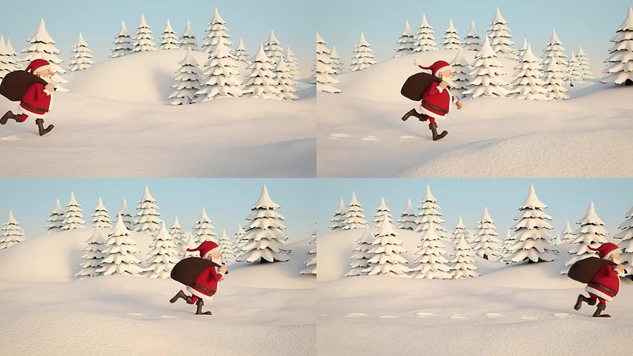 圣诞老人在白雪皑皑的风景中奔跑。侧视图