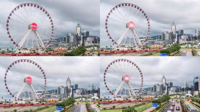 香港中区城市景观背景摩天轮的4k时间流逝