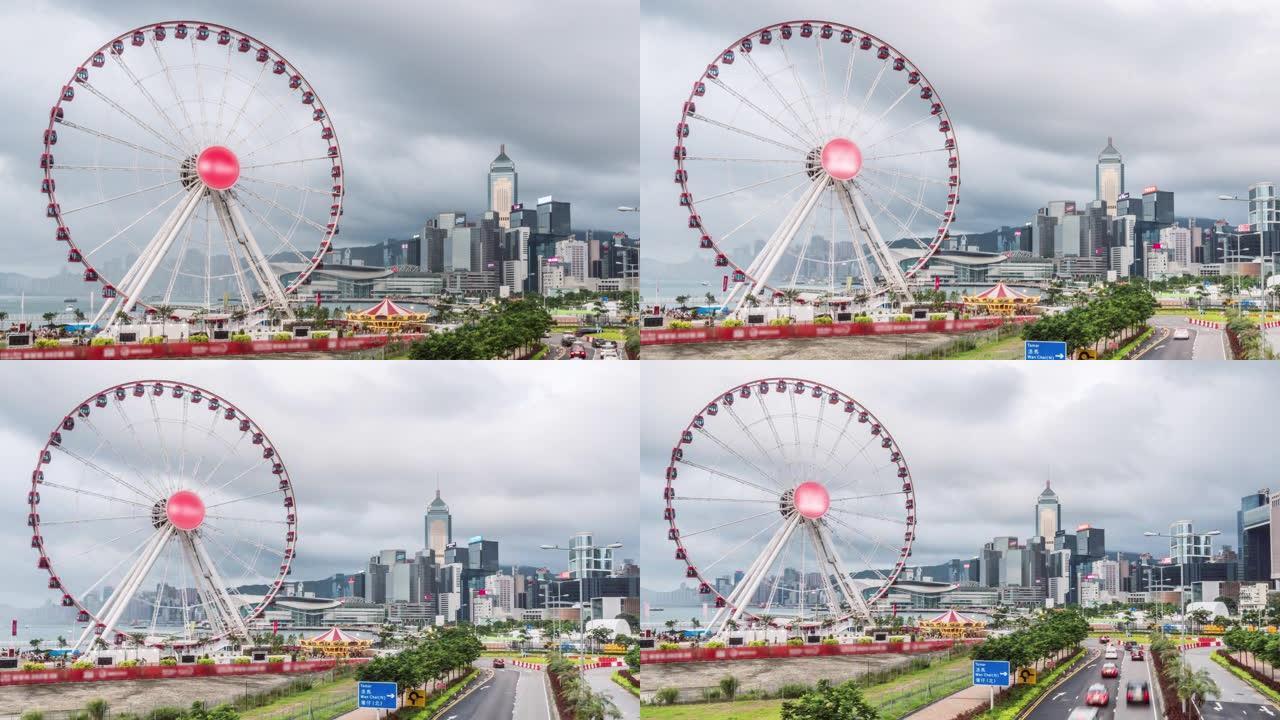 香港中区城市景观背景摩天轮的4k时间流逝