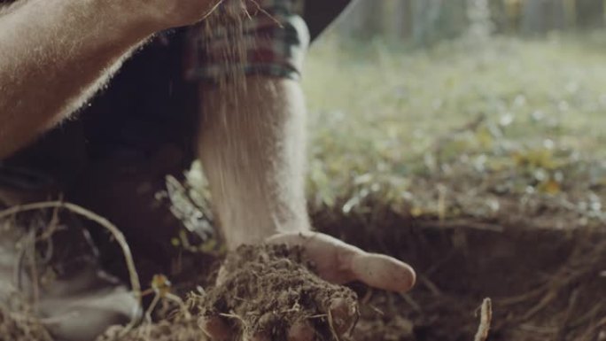 人类手握土壤检测土壤环境松软度