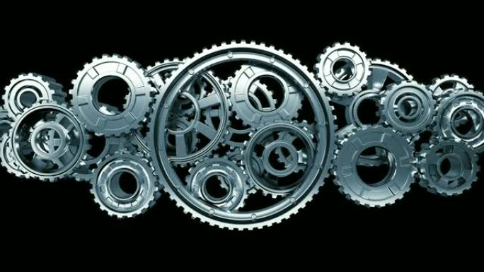 大金属齿轮在抽象的工作机制中前进和后退。美丽的循环3d动画与阿尔法哑光。团队合作商业和技术理念。