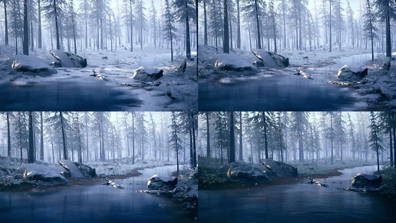 摄像机在冰雪覆盖的森林中飞过冰冻的河流