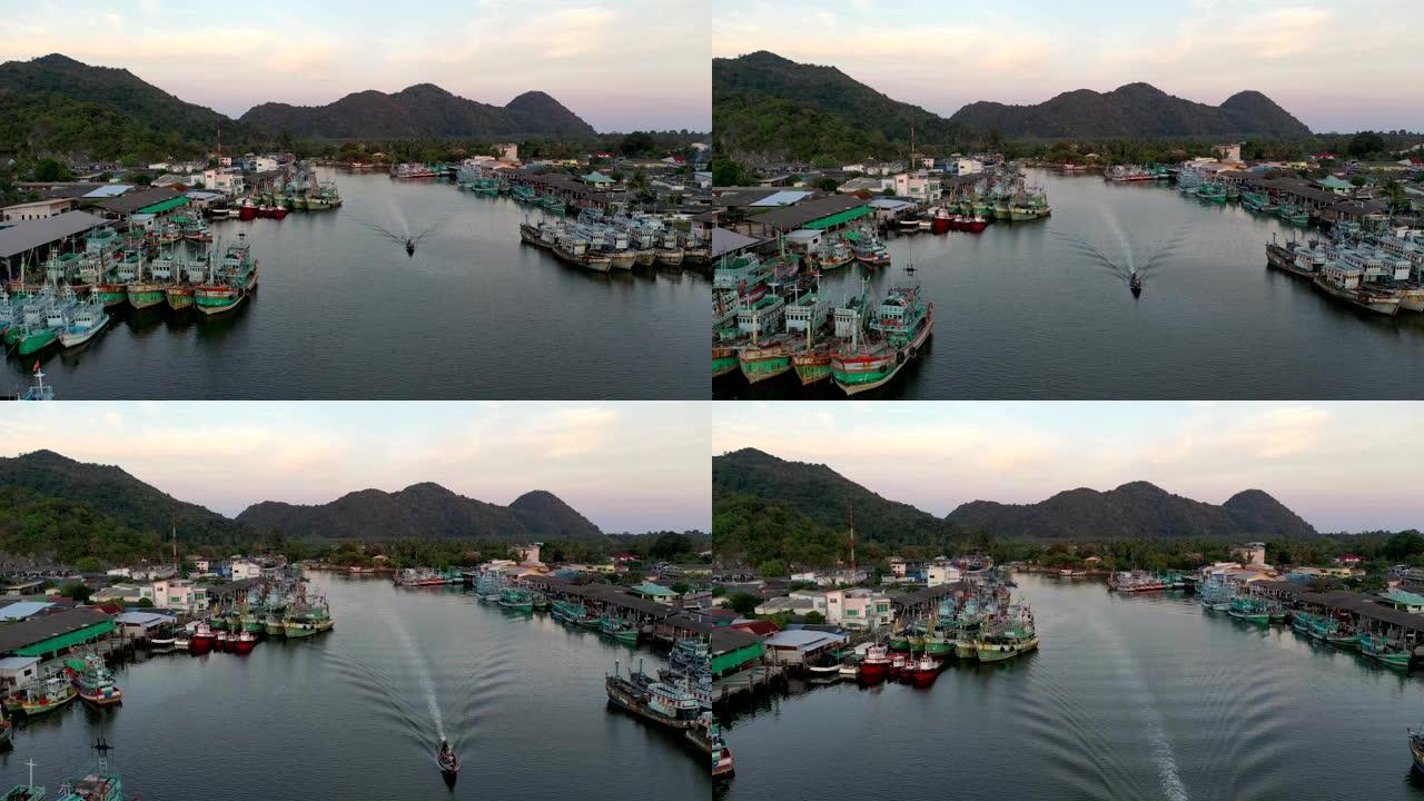 站在泰国南部那空西塔玛拉特省Khanom码头的渔船的鸟瞰图