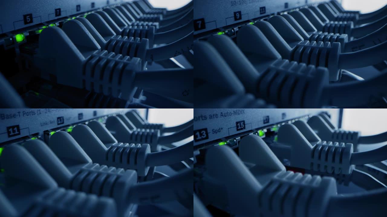 宏拍摄: 以太网电缆连接到路由器端口，闪烁的灯。电信和数据: RJ45互联网连接器插入调制解调器局域