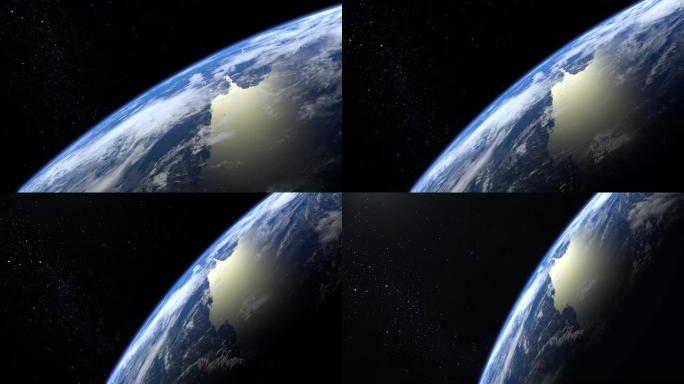 地球。从太空看。相机旋转并飞离地球。星星闪烁。4K.逼真的氛围。3D体积云。